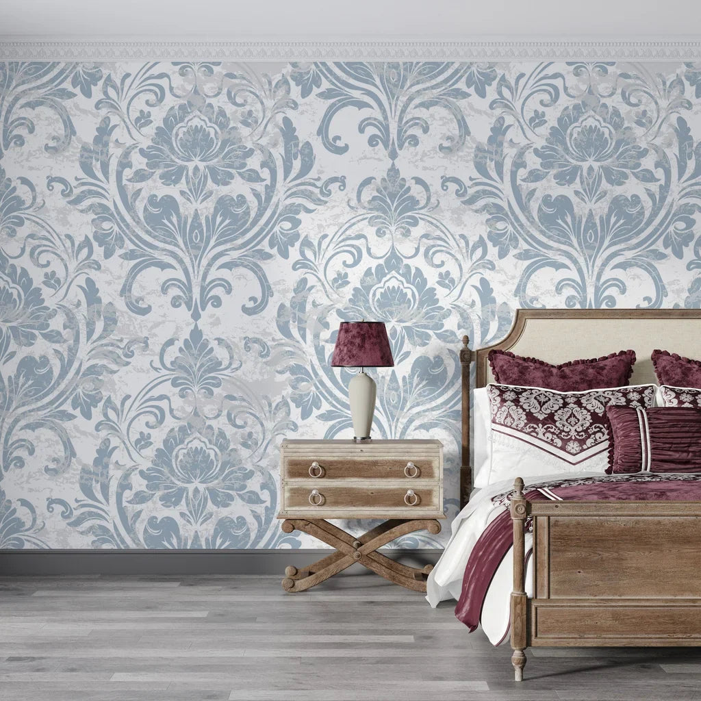 Blue and cream damask Honeyed Petal Mural wallpaper in elegant bedroom with vintage furniture
