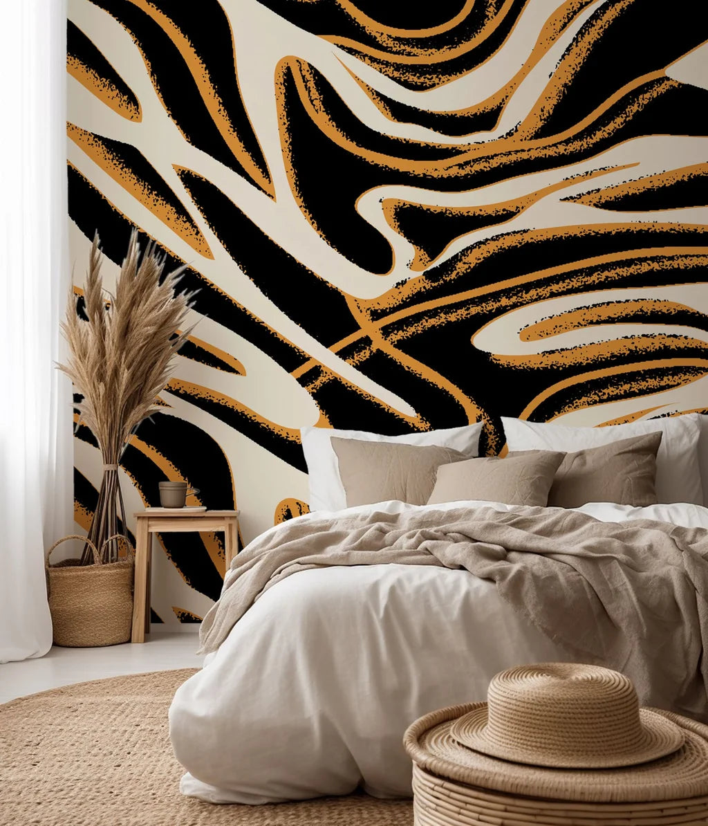 Self-adhesive wallcovering featuring an abstract black, white, and gold marble pattern, titled Honeyed Strata