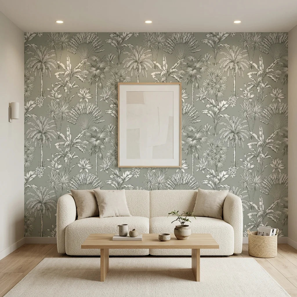 Hush &amp; Palm sage green palm tree in a warm and inviting living room