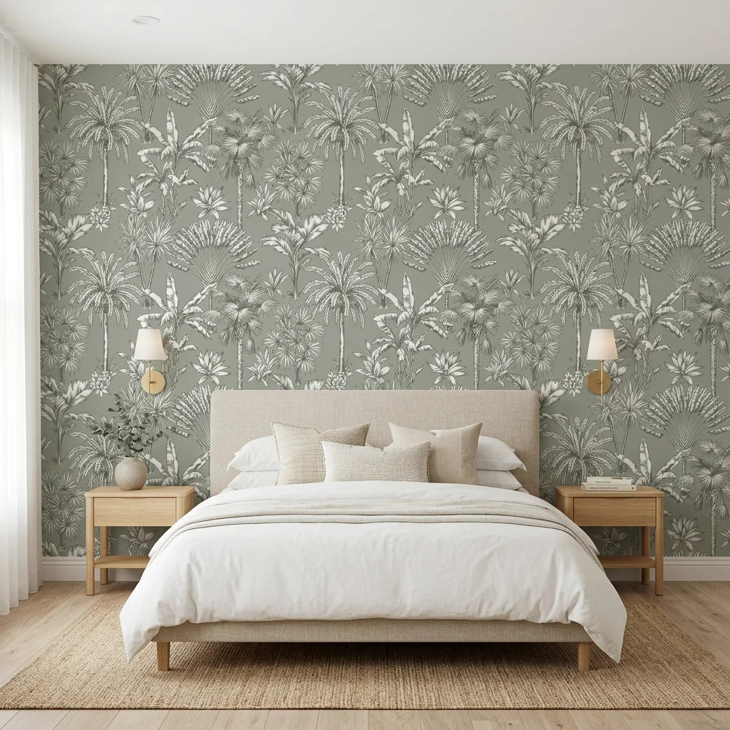 Hush &amp; Palm sage green palm tree adding character to a cozy bedroom