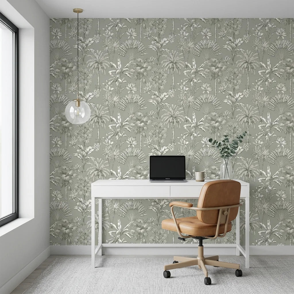 Hush &amp; Palm sage green palm tree as a feature wall in a bright home office