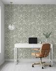 Hush & Palm sage green palm tree as a feature wall in a bright home office