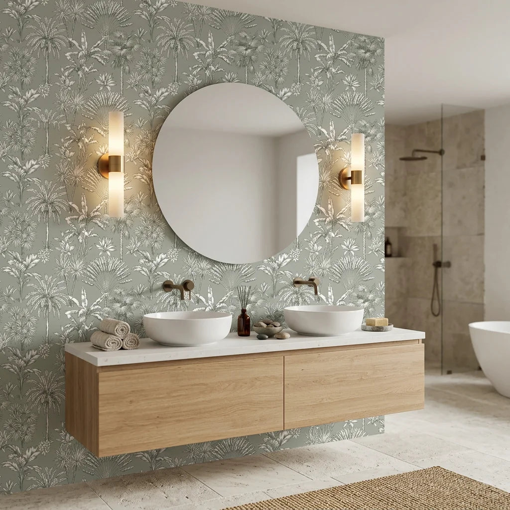 Hush &amp; Palm sage green palm tree creating ambiance in a serene bathroom