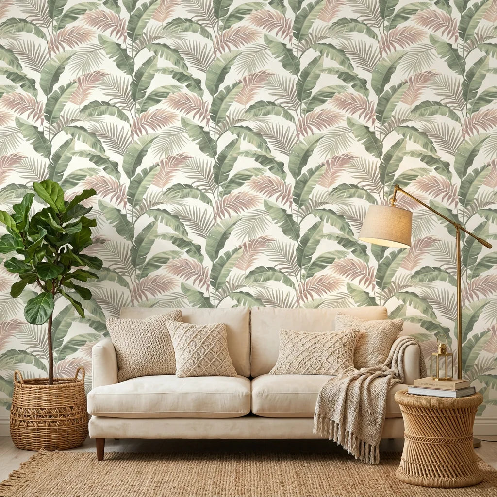 Hushed Canopy muted forest wallpaper in a warm and inviting living room