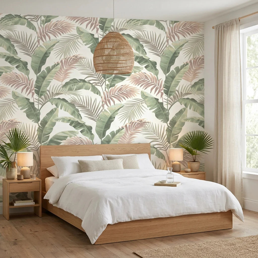 Hushed Canopy muted forest wallpaper adding character to a cozy bedroom