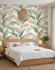Hushed Canopy muted forest wallpaper adding character to a cozy bedroom