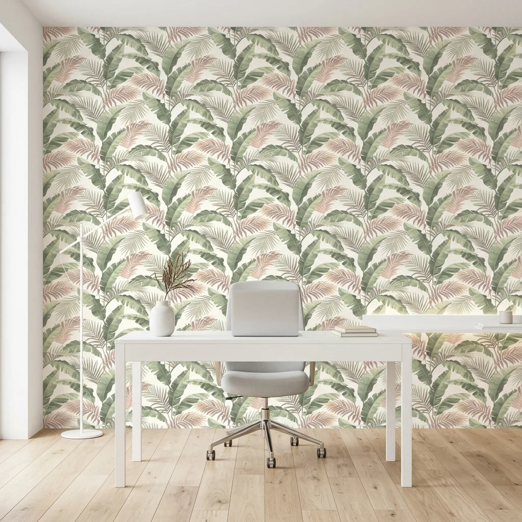 Hushed Canopy muted forest wallpaper as a feature wall in a bright home office