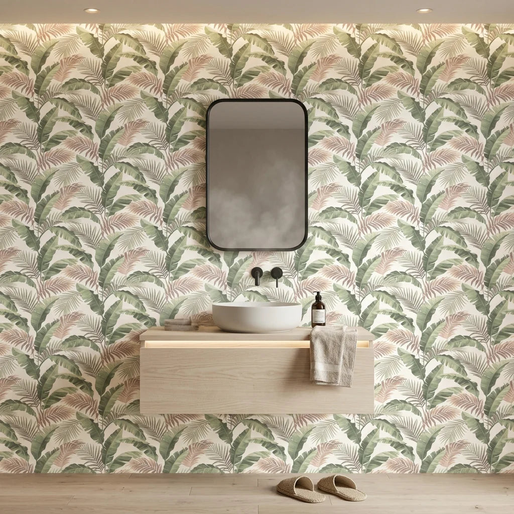 Hushed Canopy muted forest wallpaper creating ambiance in a serene bathroom