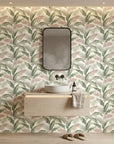 Hushed Canopy muted forest wallpaper creating ambiance in a serene bathroom