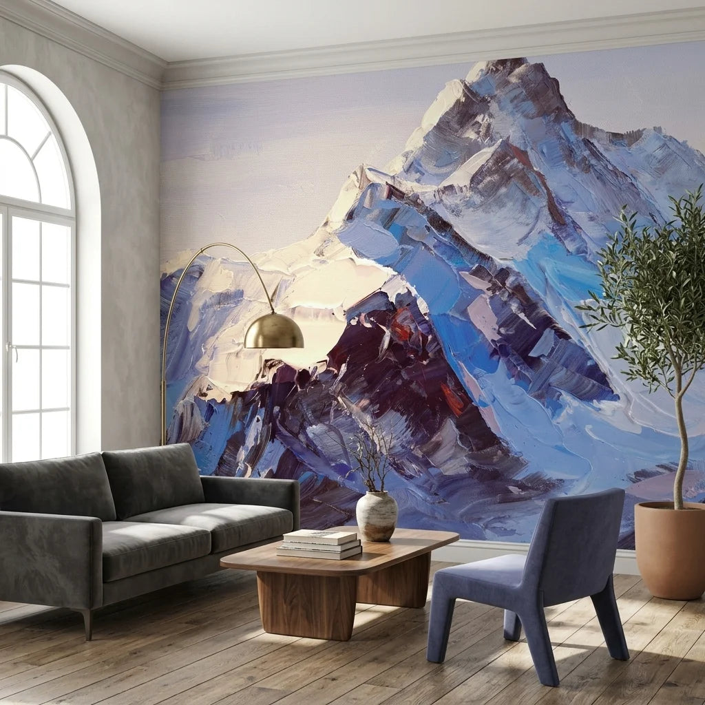 Textured alpine mountain peaks with snow in blue tones peel and stick wallpaper - Ice & Stone
