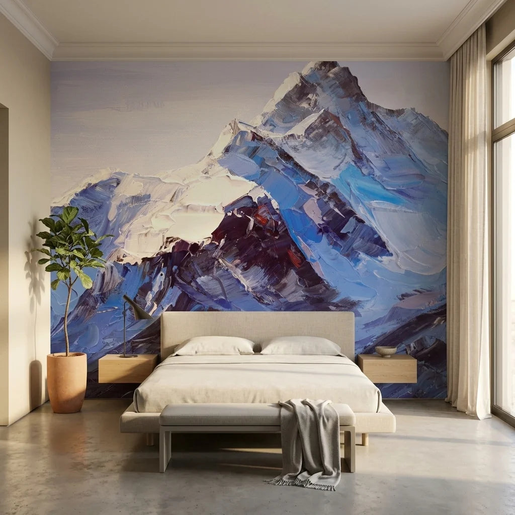 Ice & Stone dramatic alpine mountain peak wallpaper in a warm and inviting living room