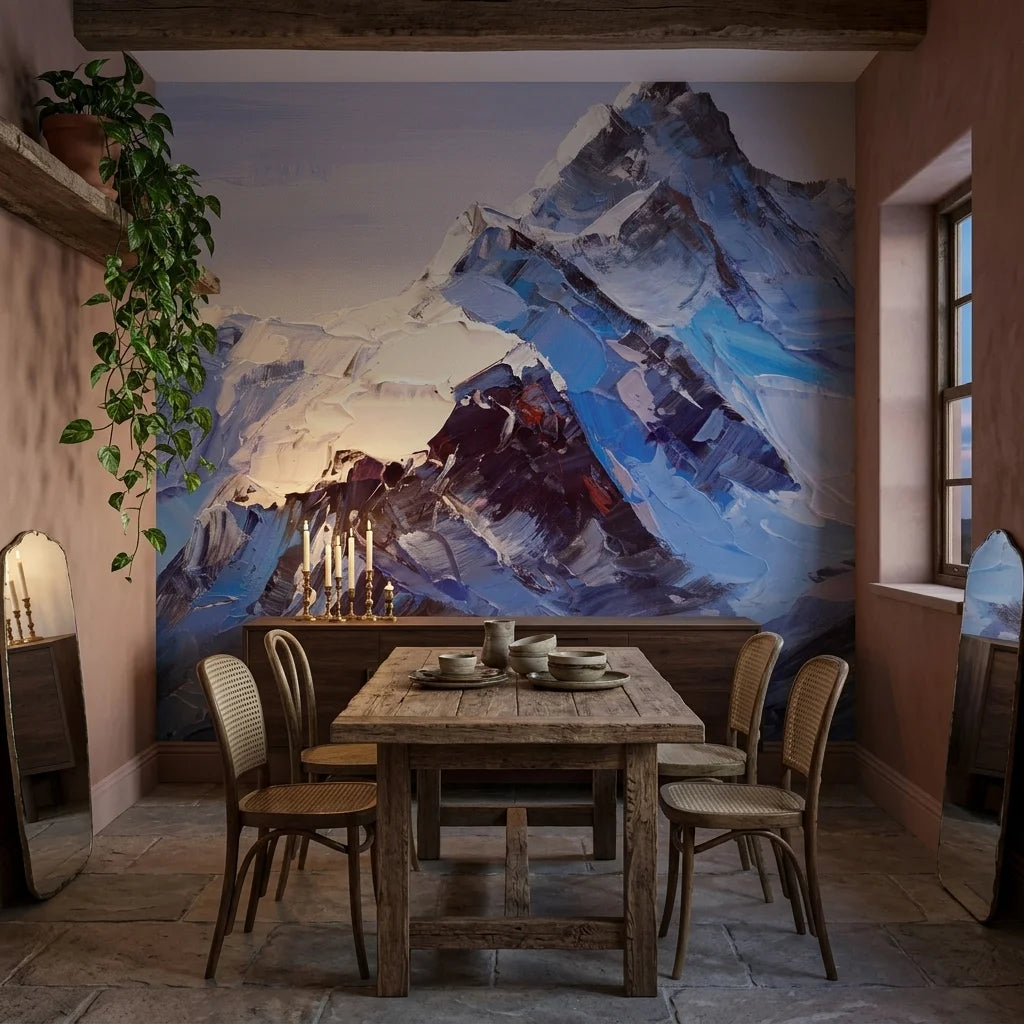 Ice & Stone dramatic alpine mountain peak wallpaper adding character to a cozy bedroom