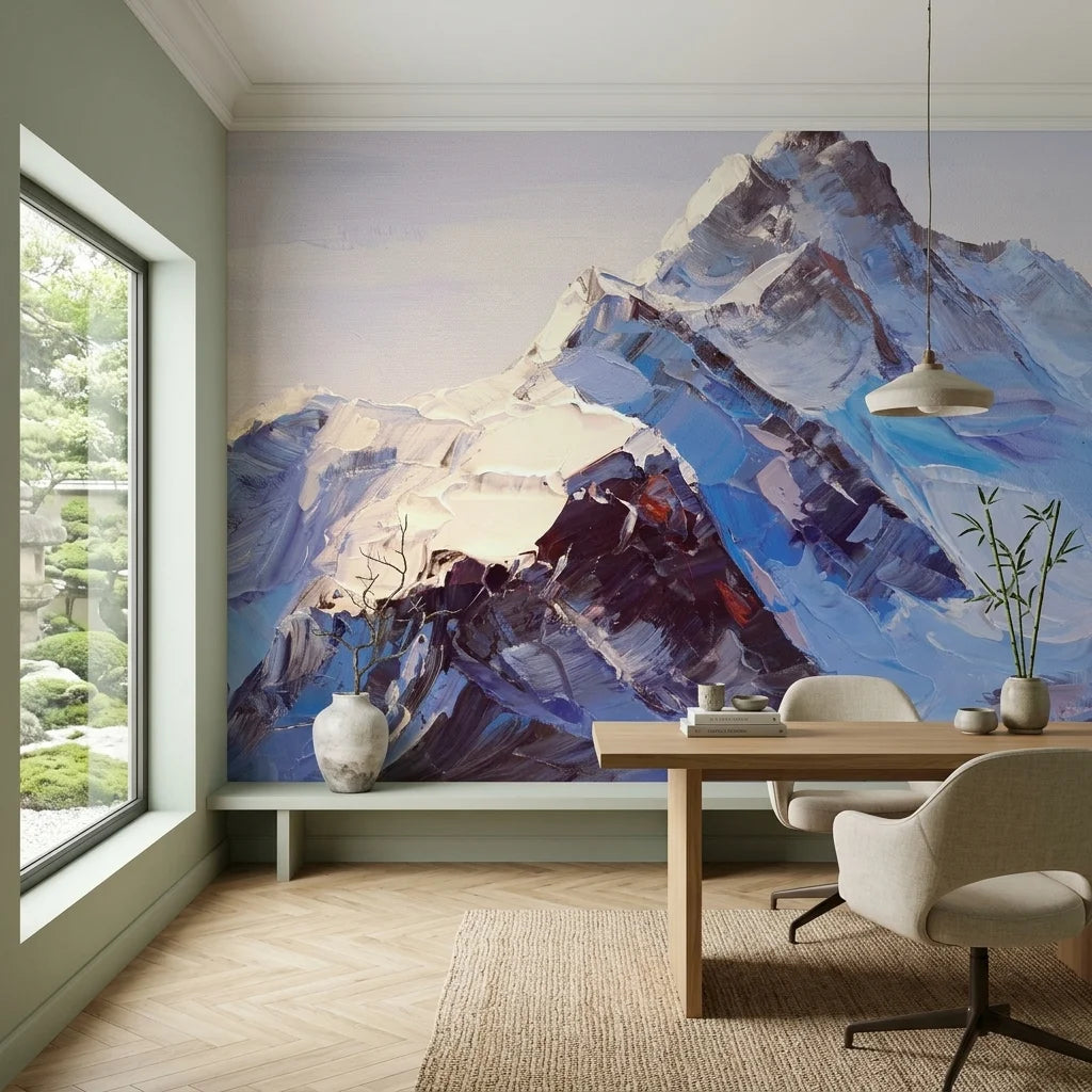 Ice & Stone dramatic alpine mountain peak wallpaper as a feature wall in a bright home office
