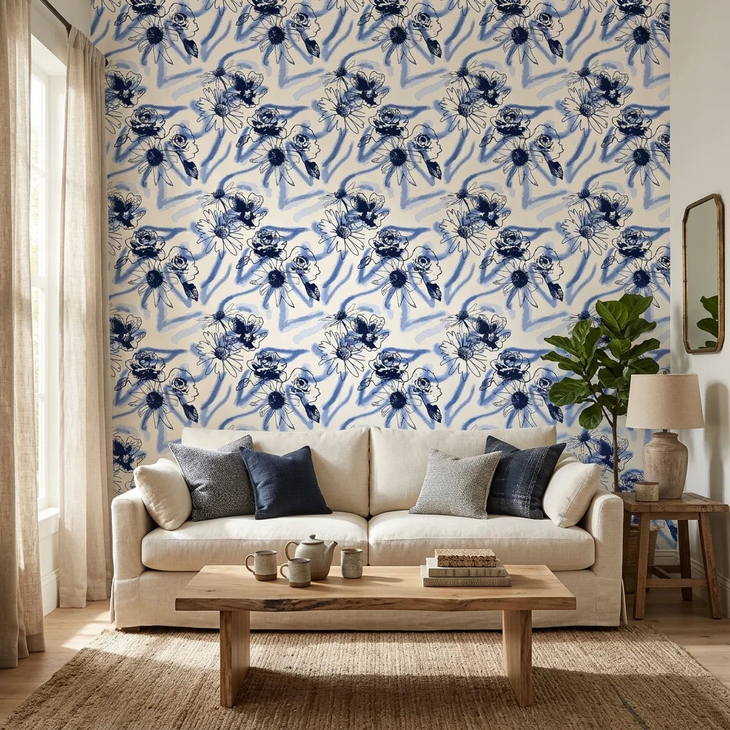 Indigo Anemone bold blue botanical floral wallpaper in a warm and inviting living room
