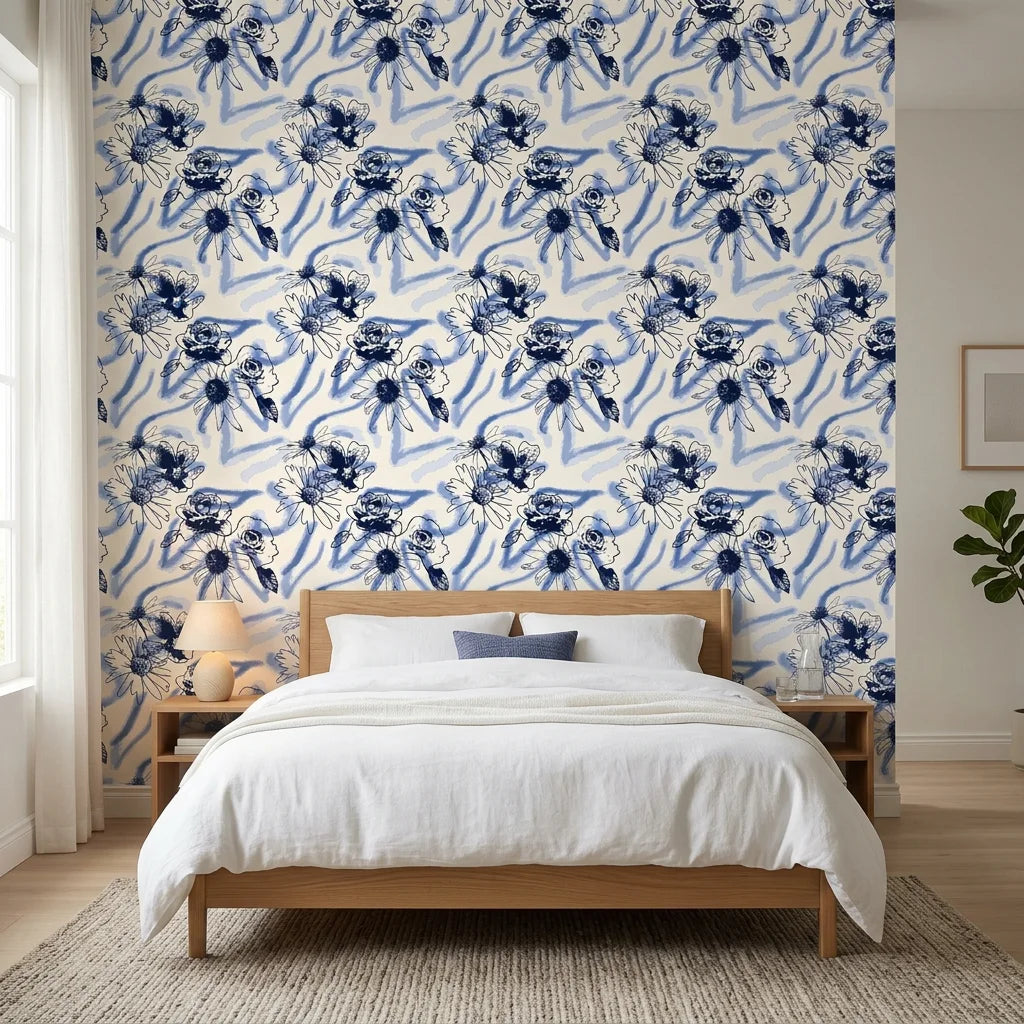 Indigo Anemone bold blue botanical floral wallpaper adding character to a cozy bedroom