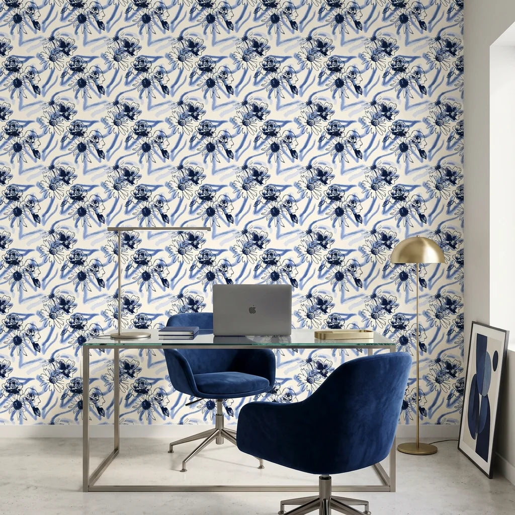 Indigo Anemone bold blue botanical floral wallpaper as a feature wall in a bright home office