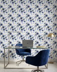 Indigo Anemone bold blue botanical floral wallpaper as a feature wall in a bright home office