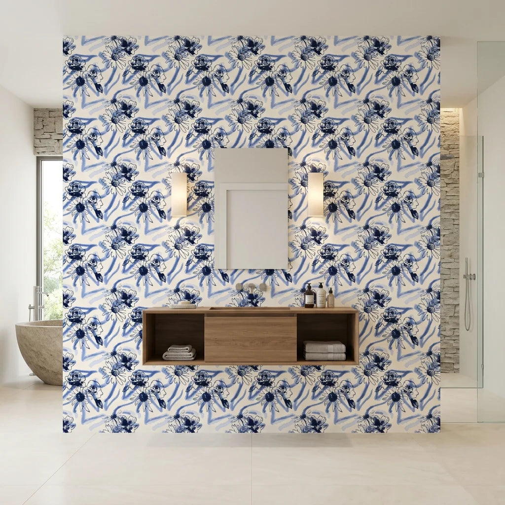 Indigo Anemone bold blue botanical floral wallpaper creating ambiance in a serene bathroom