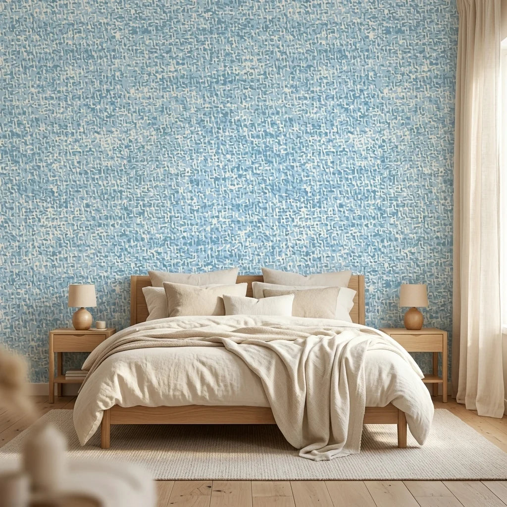 Indigo Current serene blue abstract wallpaper in a warm and inviting living room
