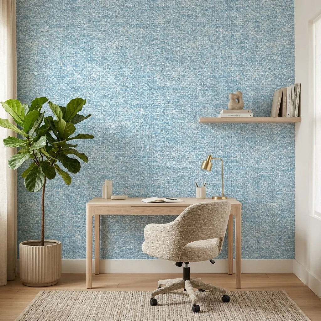 Indigo Current serene blue abstract wallpaper as a feature wall in a bright home office