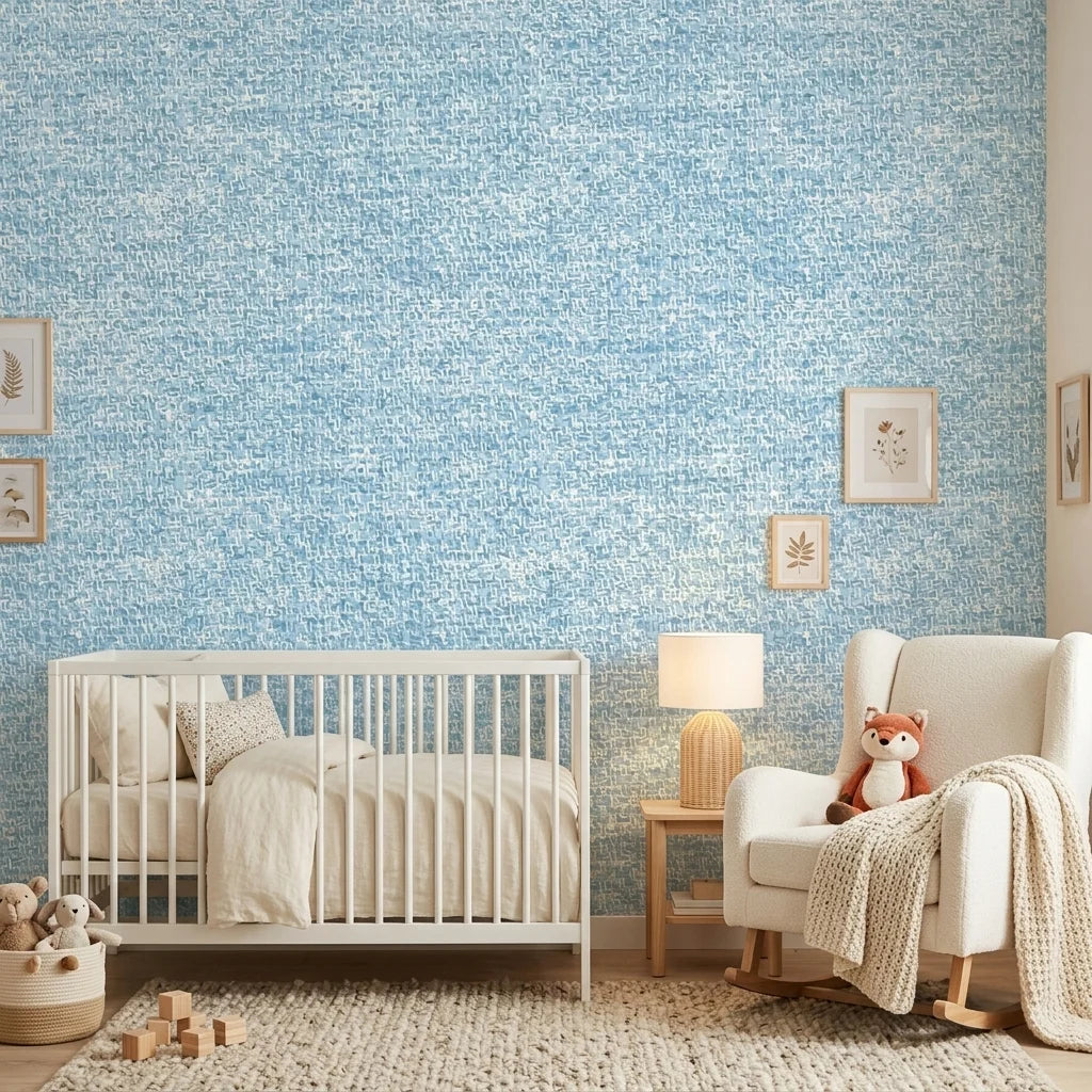 Indigo Current serene blue abstract wallpaper creating ambiance in a serene bathroom