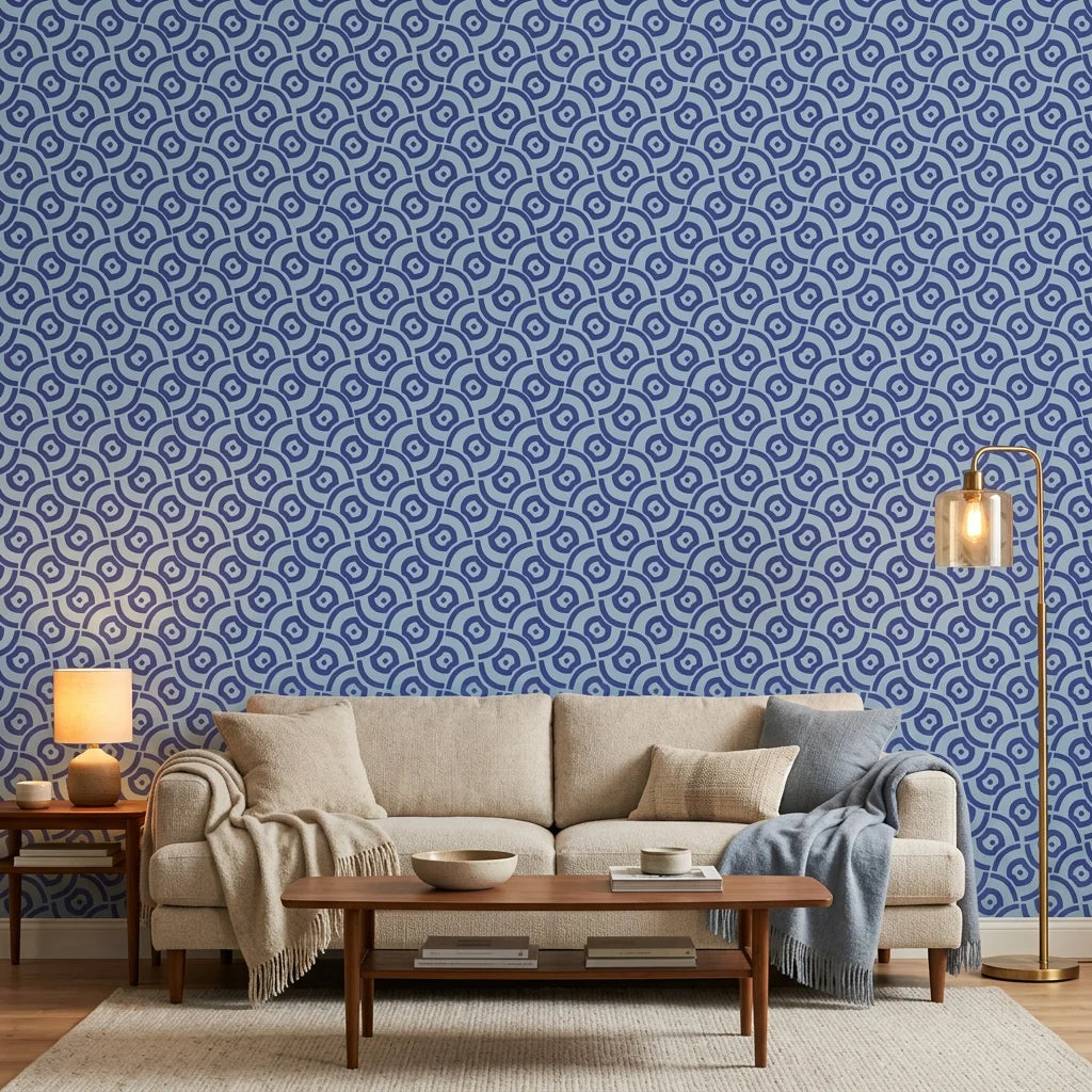 Blue and indigo Indigo Labyrinth geometric wallpaper with interlocking circles in modern living room setting