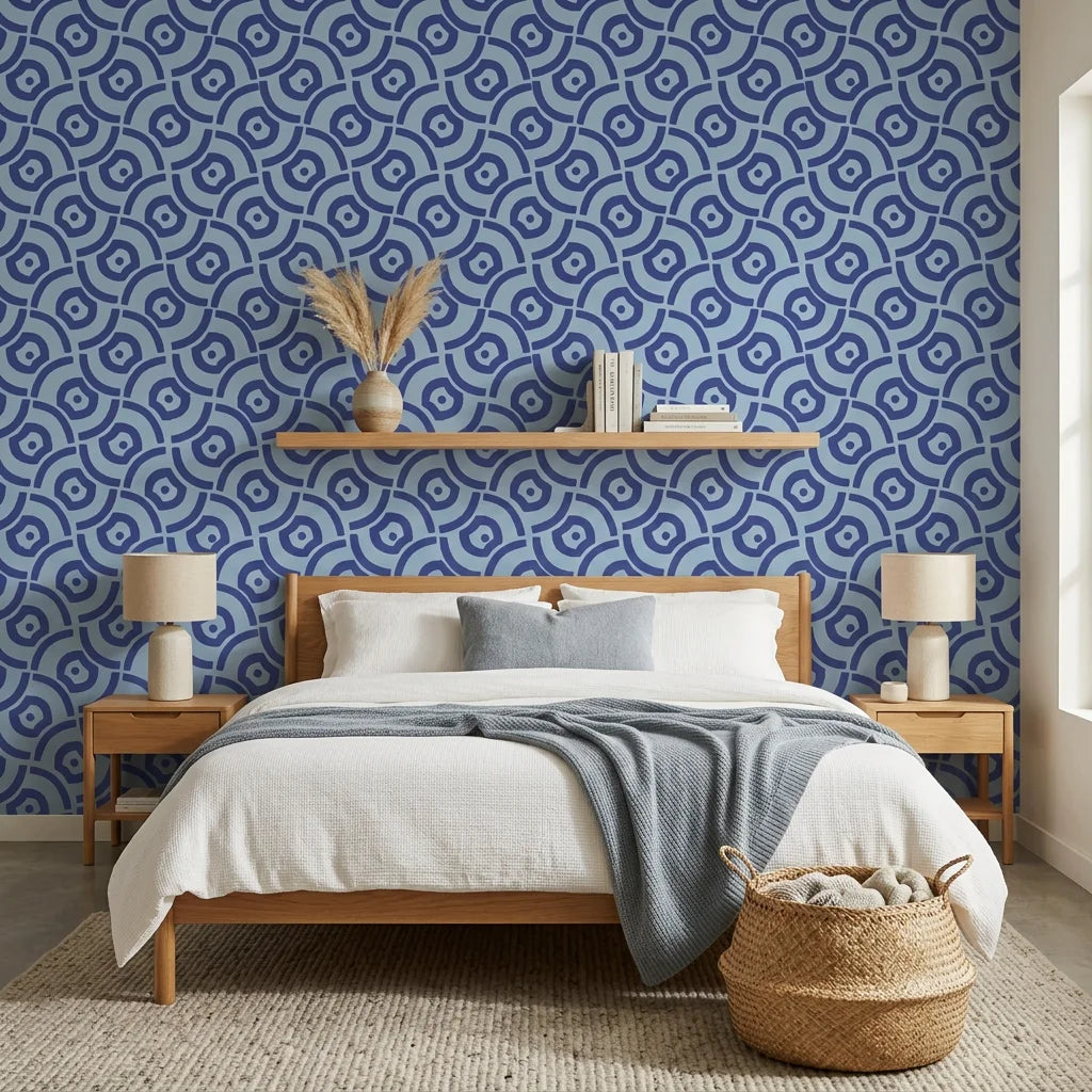 Navy and slate blue Indigo Labyrinth geometric wallpaper on modern bedroom accent wall