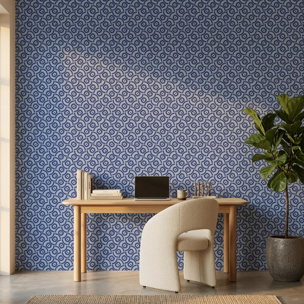 Indigo Labyrinth removable wallpaper on home office accent wall with geometric blue pattern