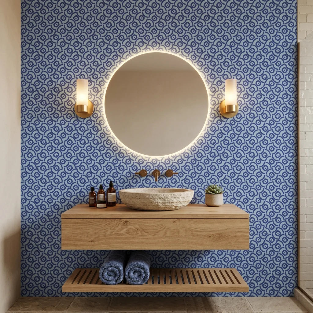 Blue and white Indigo Labyrinth geometric wallpaper in modern bathroom with floating vanity and brass fixtures