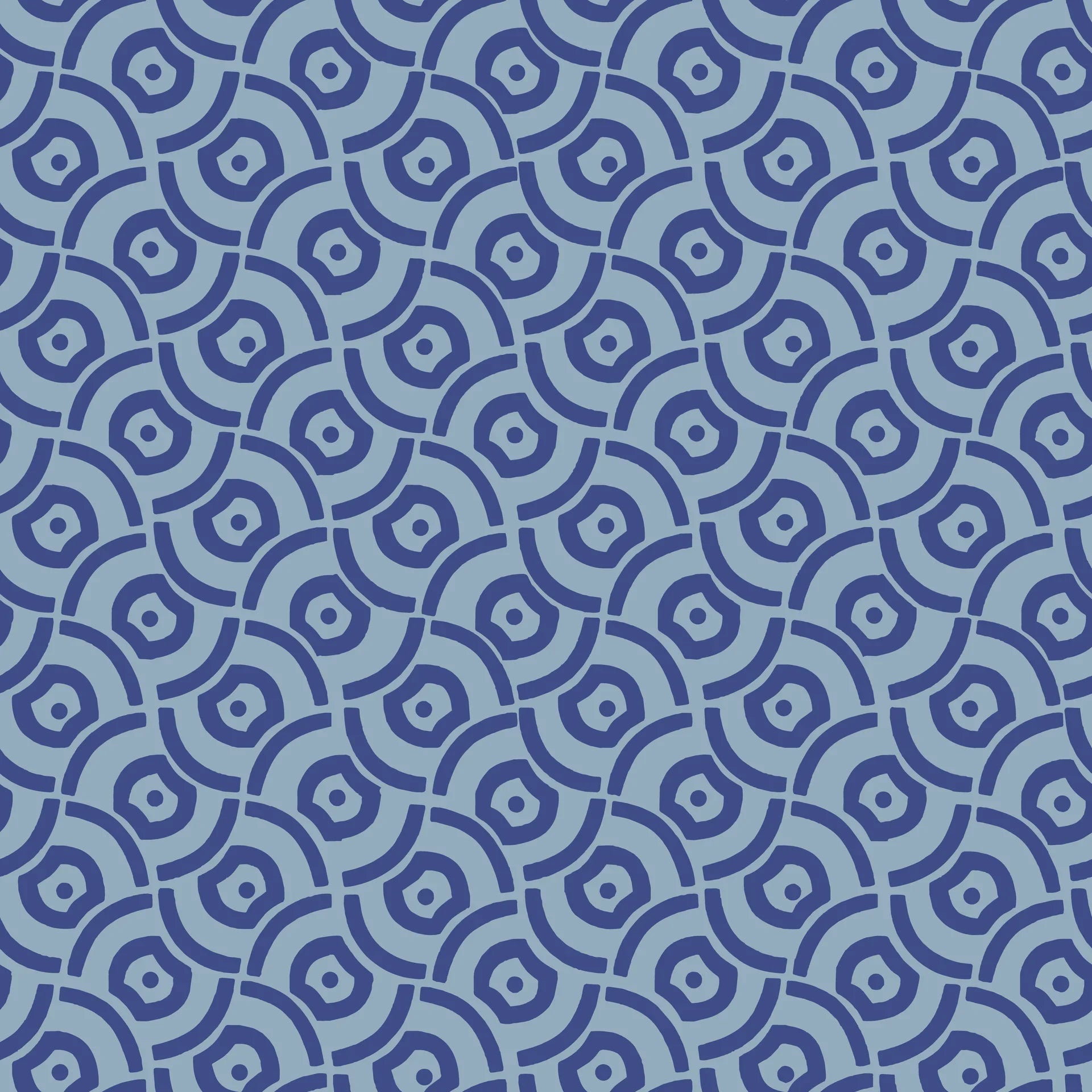 Mid-century modern Indigo Labyrinth wallpaper with blue geometric circles and curved wave pattern