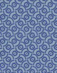 Mid-century modern Indigo Labyrinth wallpaper with blue geometric circles and curved wave pattern