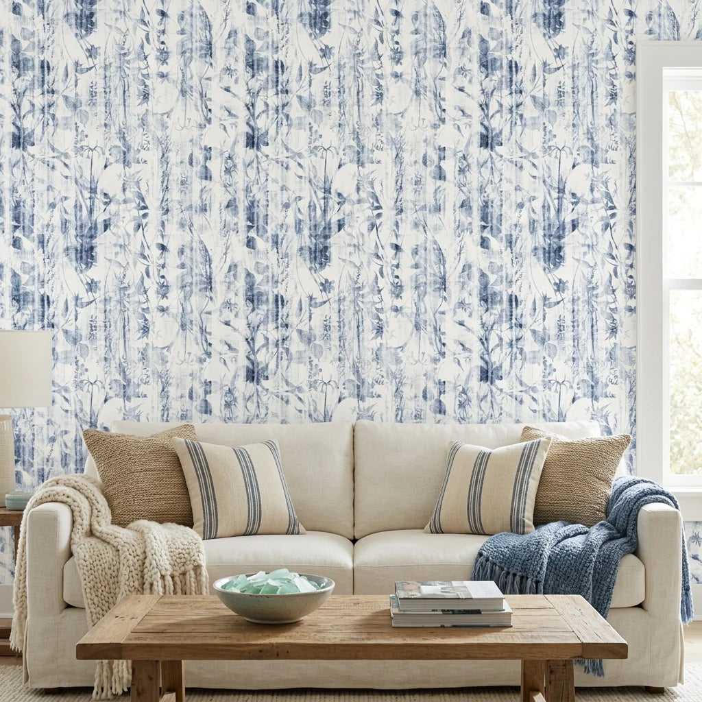 Textured indigo floral botanical peel and stick wallpaper - Indigo Reverie