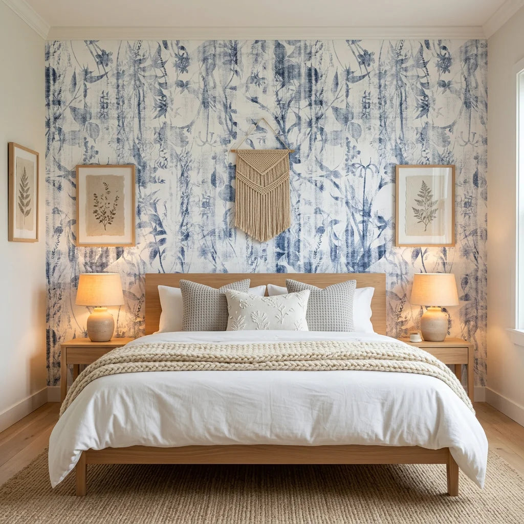 Indigo Reverie blue botanical peel and stick wallpaper in a warm and inviting living room