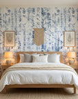 Indigo Reverie blue botanical peel and stick wallpaper in a warm and inviting living room