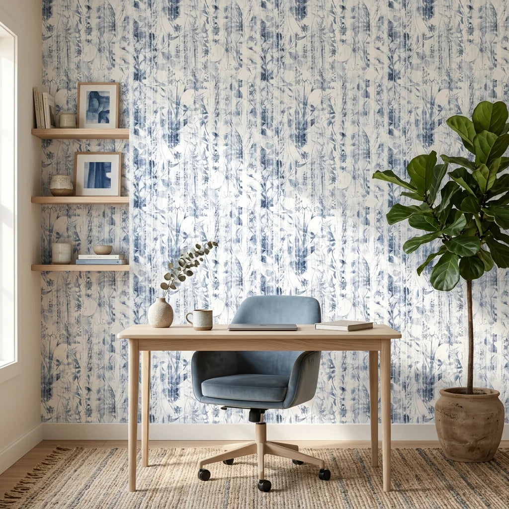 Indigo Reverie blue botanical peel and stick wallpaper adding character to a cozy bedroom