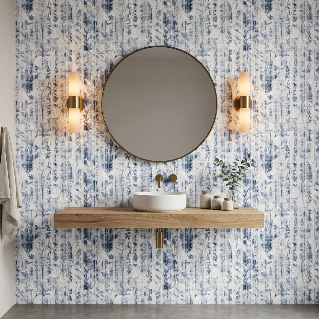 Indigo Reverie blue botanical peel and stick wallpaper as a feature wall in a bright home office