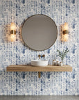 Indigo Reverie blue botanical peel and stick wallpaper as a feature wall in a bright home office