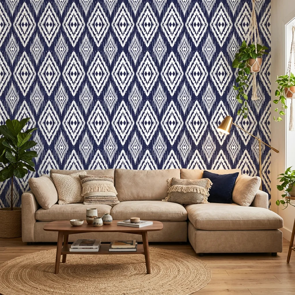 Indigo Shibori hand-dyed look wallpaper in a warm and inviting living room