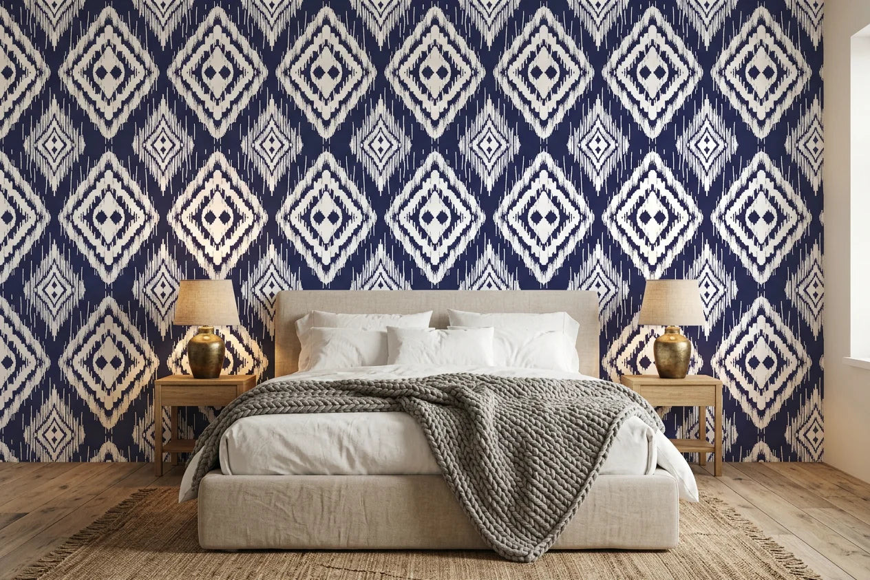 Indigo Shibori hand-dyed look wallpaper adding character to a cozy bedroom
