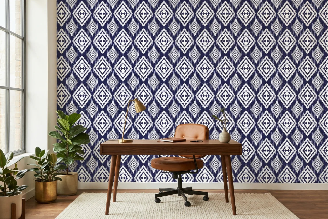 Indigo Shibori hand-dyed look wallpaper as a feature wall in a bright home office