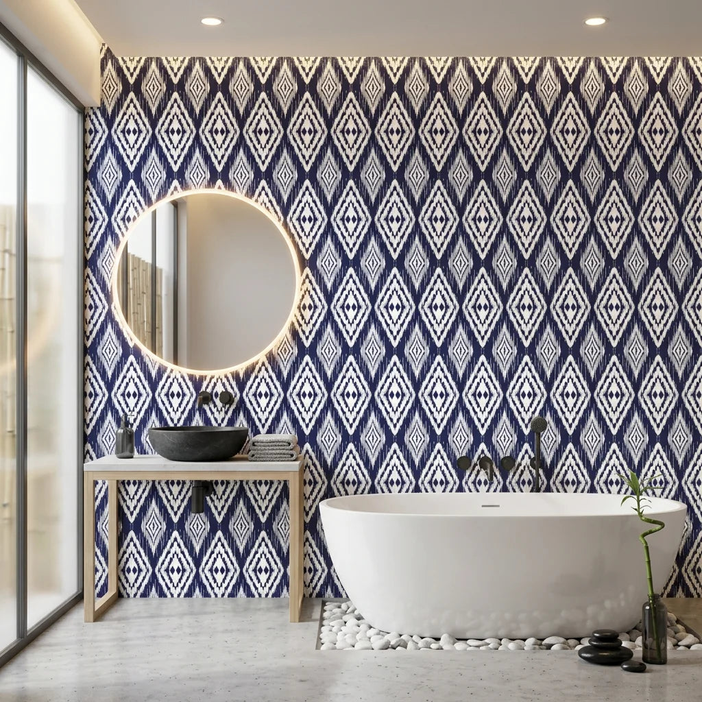 Indigo Shibori hand-dyed look wallpaper creating ambiance in a serene bathroom