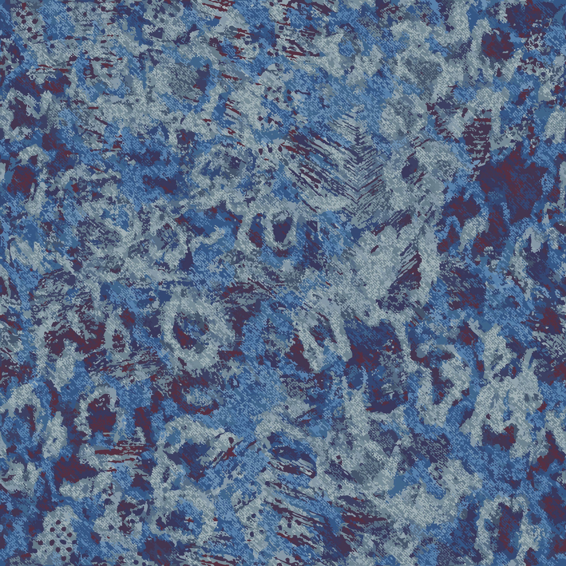 Peel and stick Indigo Static wallpaper featuring a heavily textured blue and purple abstract grunge design