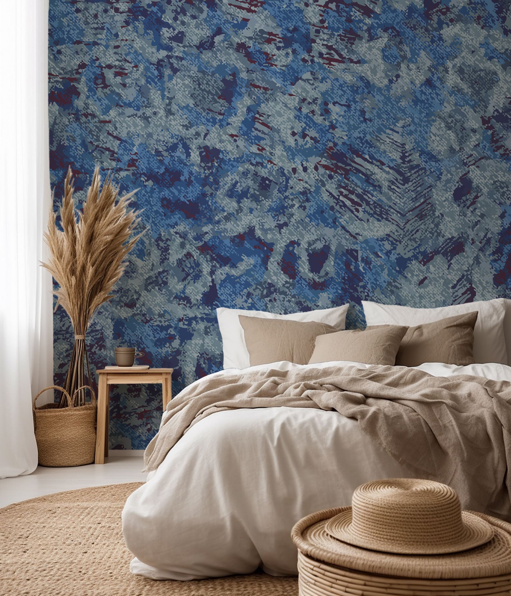 Abstract grunge self-adhesive wallpaper in textured indigo blue and purple tones, named Indigo Static