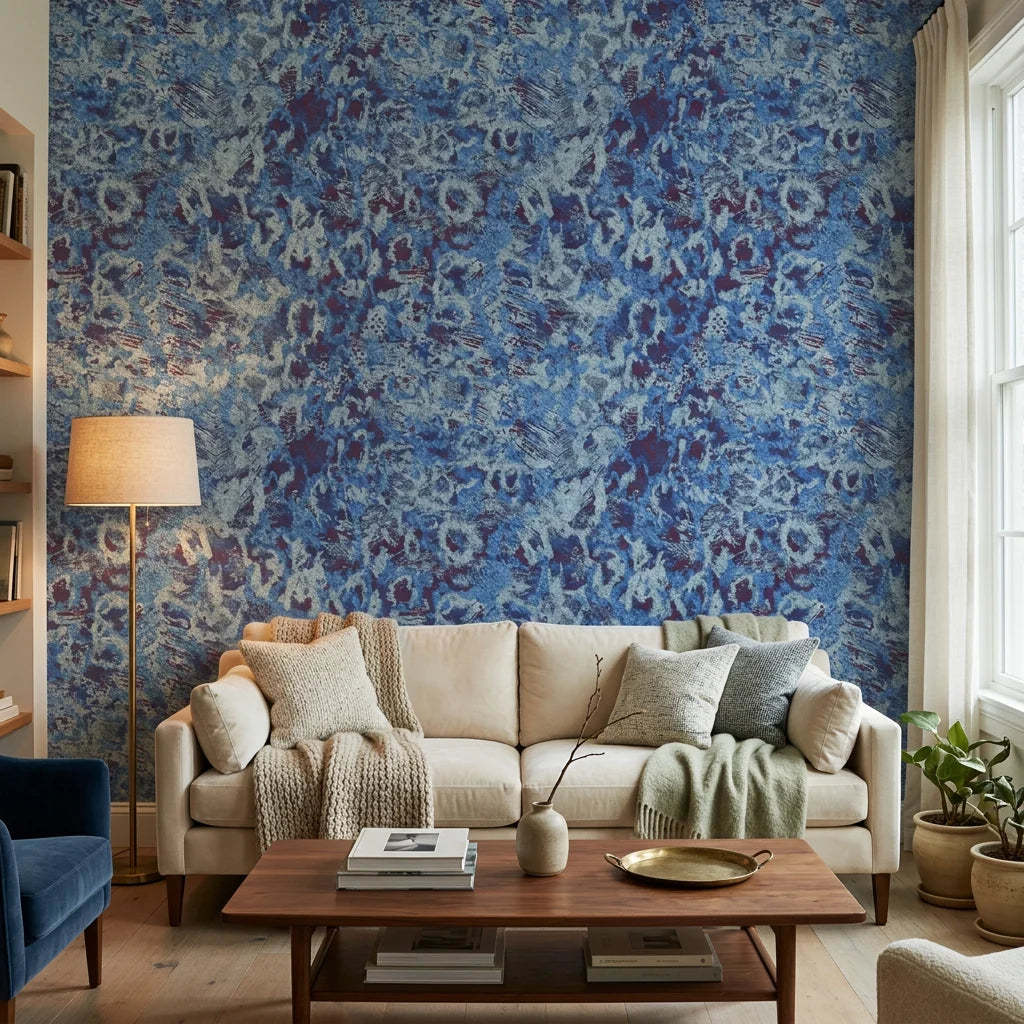 Indigo Static blue and navy abstract distressed texture wallpaper in a warm and inviting living room