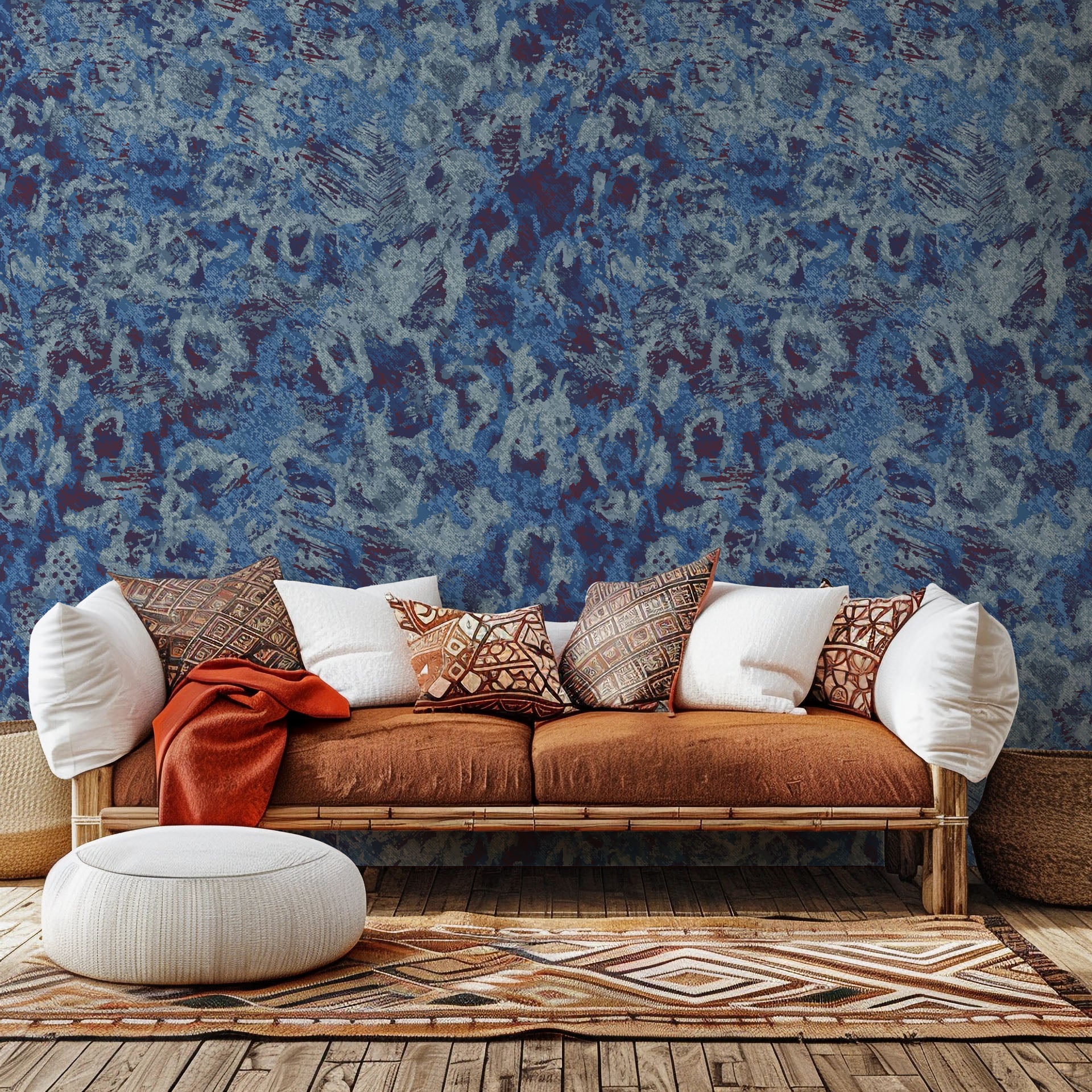 Self-adhesive wallpaper featuring a textured abstract grunge pattern in blue and purple, named Indigo Static