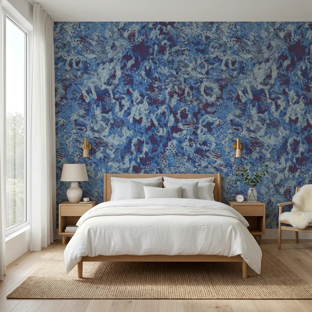 Indigo Static blue and navy abstract distressed texture wallpaper adding character to a cozy bedroom