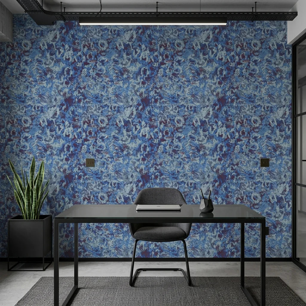 Indigo Static blue and navy abstract distressed texture wallpaper as a feature wall in a bright home office