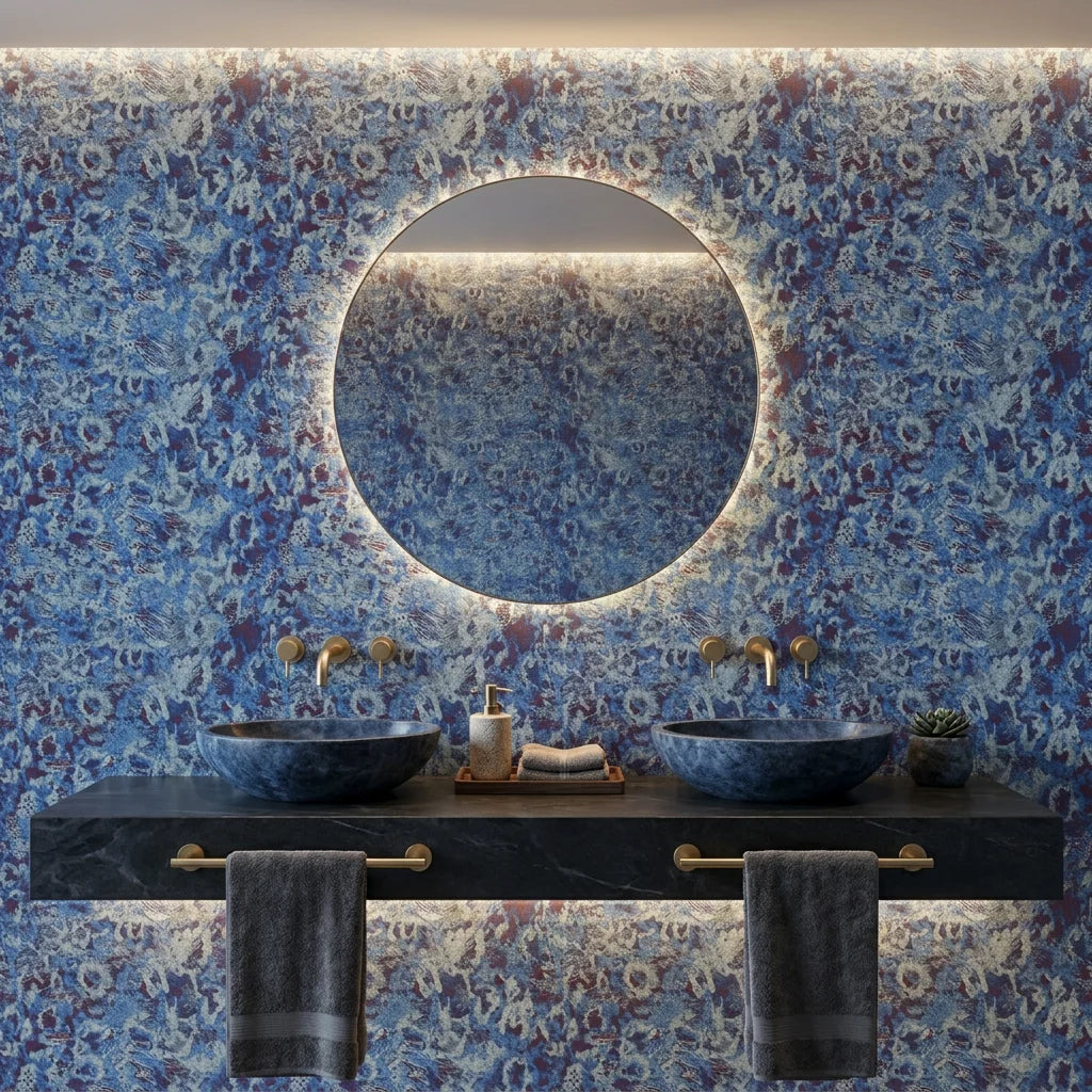 Indigo Static blue and navy abstract distressed texture wallpaper creating ambiance in a serene bathroom