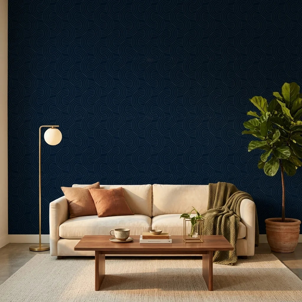 Indigo Undertow deep navy blue swirling abstract wallpaper creating ambiance in a serene bathroom