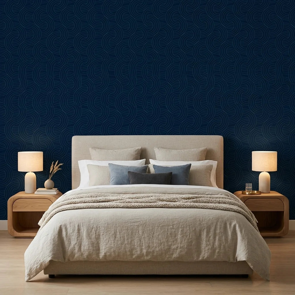 Indigo Undertow deep navy blue swirling abstract wallpaper in a warm and inviting living room